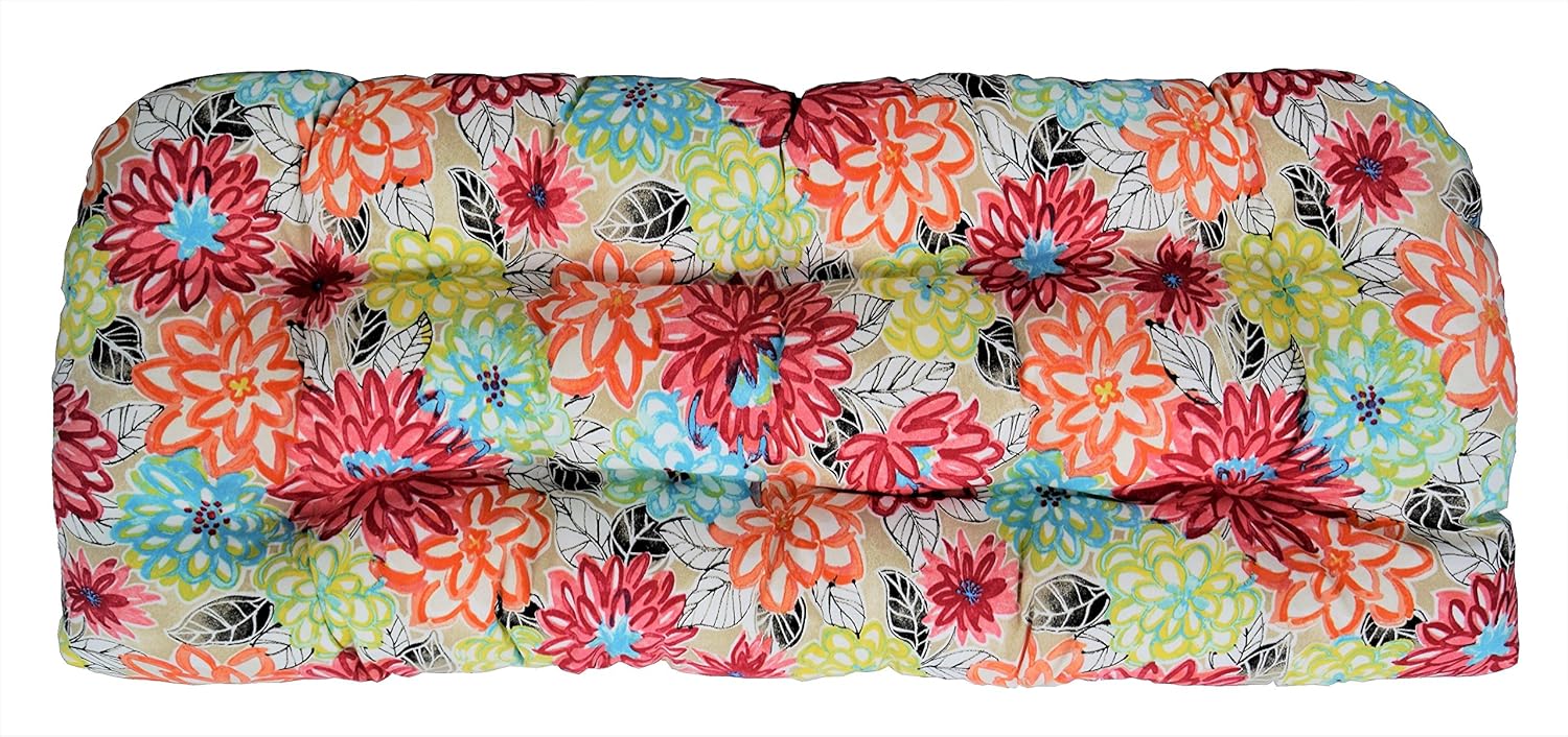 RSH DECOR: Tufted Wicker Loveseat Cushion | 41” x 19" | All-Weather Spun Fabric | Water and Fade-Resistant | Outdoor Settee Cushion for Patio Furniture | Artistic Floral