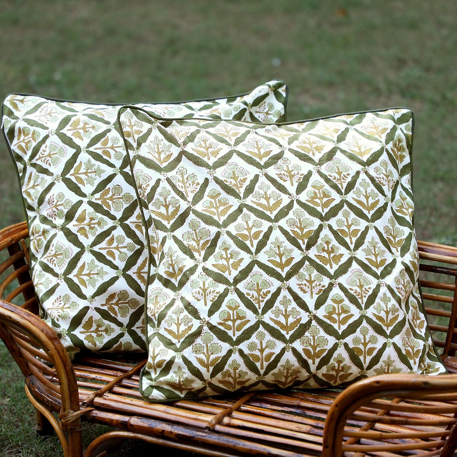 SheetKart Pure Cotton Throw Pillow Covers - Set of 2 - Hand Block Pure Cotton Printed Boho Decorative Pillow Covers - Cushion Covers for Living Room, Bohemian Theme, 16 x 16 Inches, Sagewood Olive