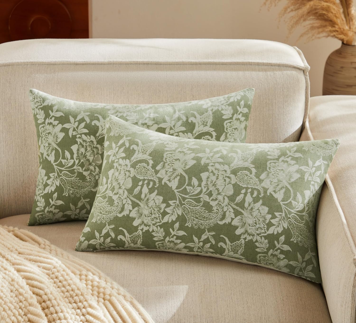 Floral Jacquard Lumbar Throw Pillow Covers Set of 2, Background/Green 12x20 Inch, Farmhouse Decorative Cotton Sage Green Cushion Covers for Sofa Bed Living Room Home Decor