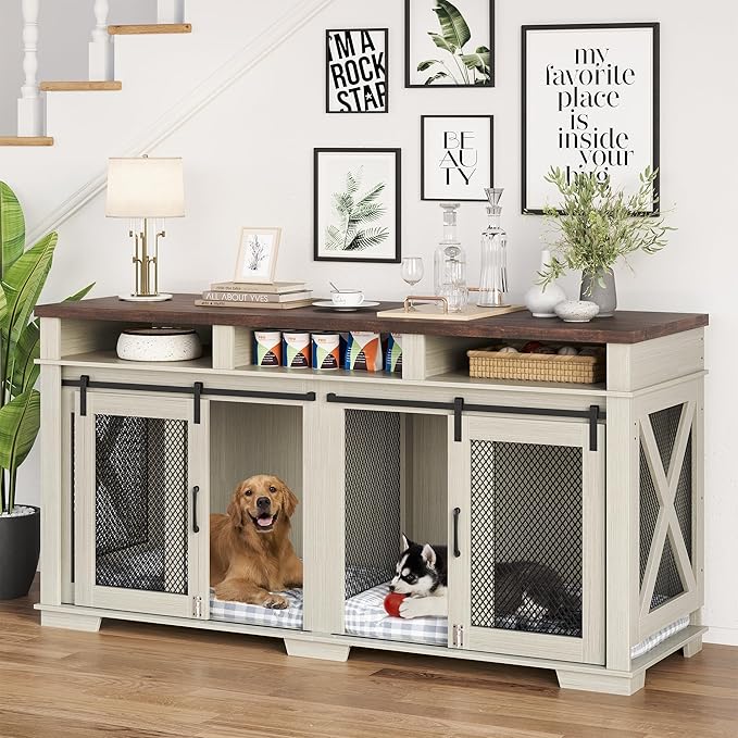 71" Dog Crate Furniture for 2 Dogs, Dog Kennel with 3 Storage Drawers & Removable Divider, Extra Large Double Dog Cage As TV Stand, Furniture Style Dog Crates with Sliding Barn Door