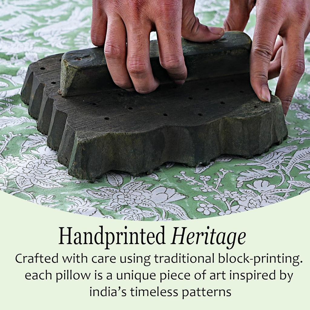 CPC Olive Green 100% Cotton Block Print Ruffle Sham Cover 20X30 inch Pack of 2, Handmade Boho Floral Pillowcase, Soft Decorative Queen Bed Pillow Cover for Bedroom Décor