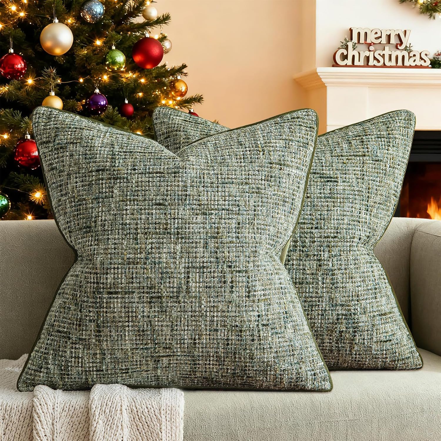 A Moment Christmas Dark Green Reversible Pillow Covers 2 Pack - Farmhouse Chenille Throw Pillows, Neutral Textured Decorative Throw Pillow Covers with Border for Couch Sofa Bed (20x20 Inch, No Insert)