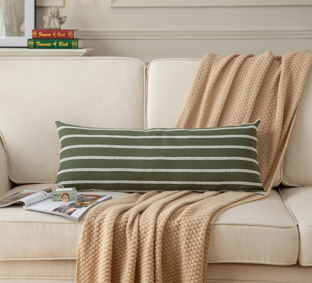Caflife Boho Lumbar Throw Pillow Cover 14X36 Long Soft Farmhouse Decorative Couch Pillow Cases Green Striped Body Pillow Covers Neutral Cushion Covers for Sofa Bed Living Room Home Decor Pack of 1
