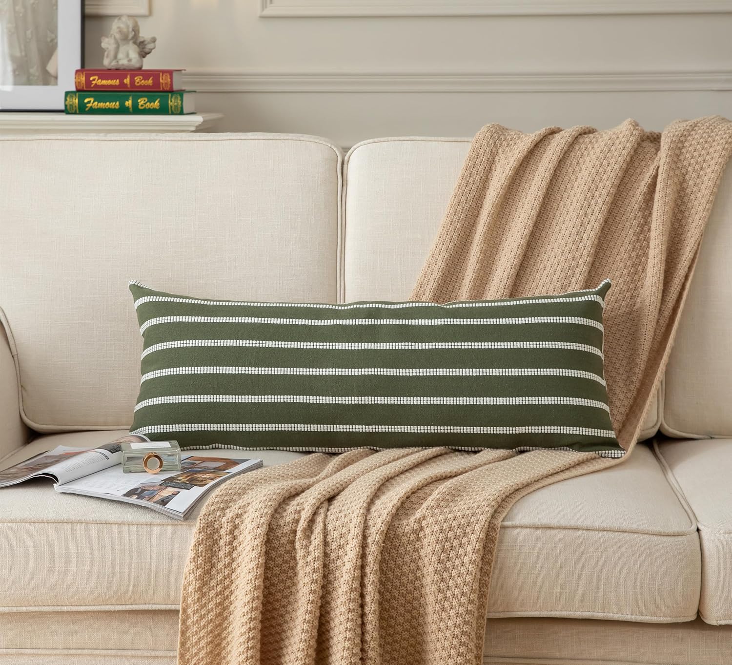 Caflife Boho Lumbar Throw Pillow Cover 14X36 Long Soft Farmhouse Decorative Couch Pillow Cases Green Striped Body Pillow Covers Neutral Cushion Covers for Sofa Bed Living Room Home Decor Pack of 1