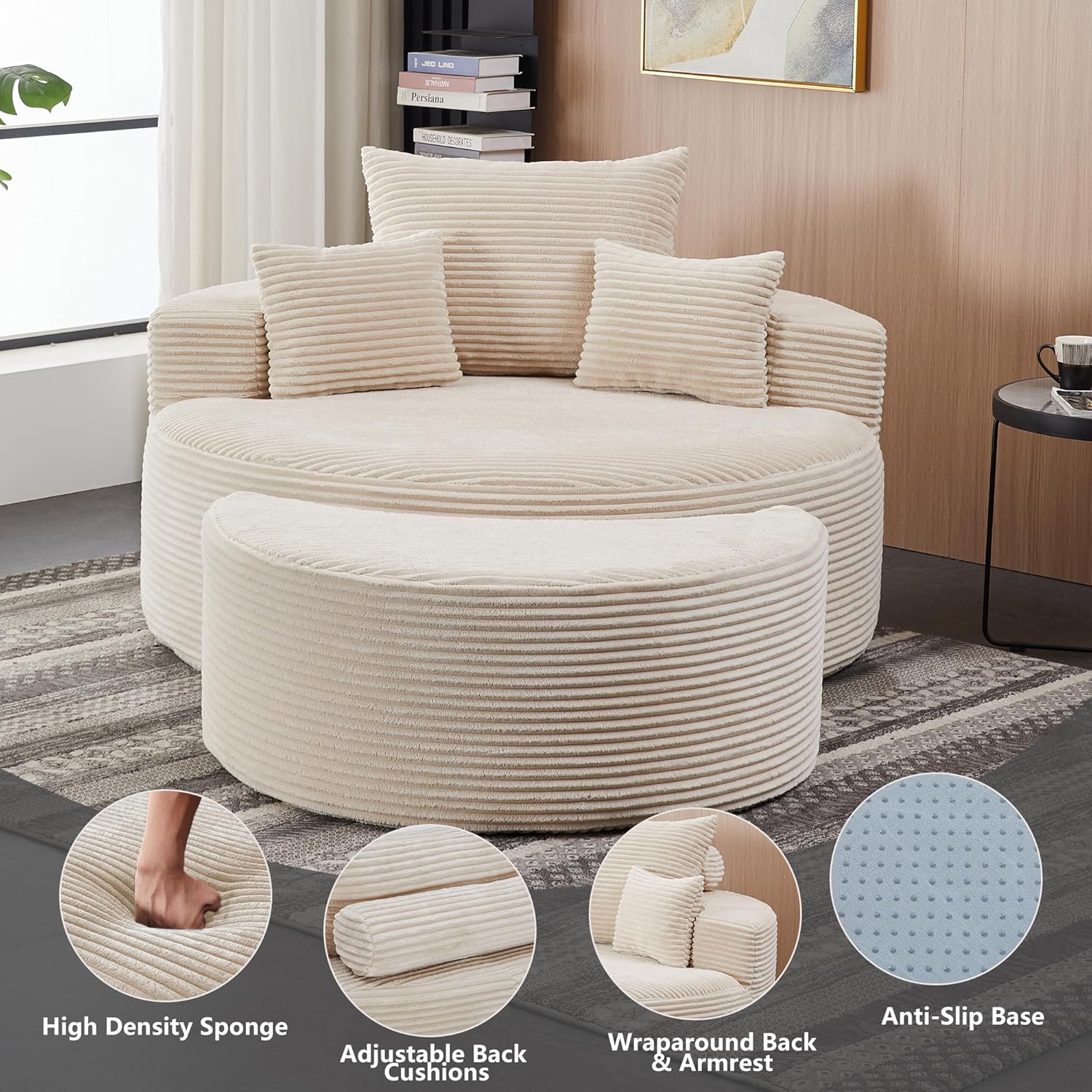 55.11" W Oversized Round Chaise Lounge Chair, Deep Seat Corduroy Cloud with Pillows, Moveable Ottoman and Blanket– Comfy Circle Loveseat Sofa Chair for Living Room or Bedroom (Beige)