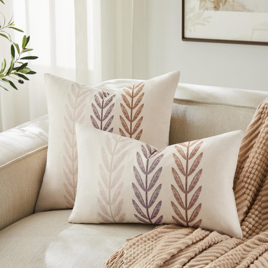 100% Cotton Farmhouse Leaves Throw Pillow Covers Set of 2, 24x24 Inch Mixed Brown Pastoral Decorative Print Cushion Covers for Sofa Bed Living Room Home Decor