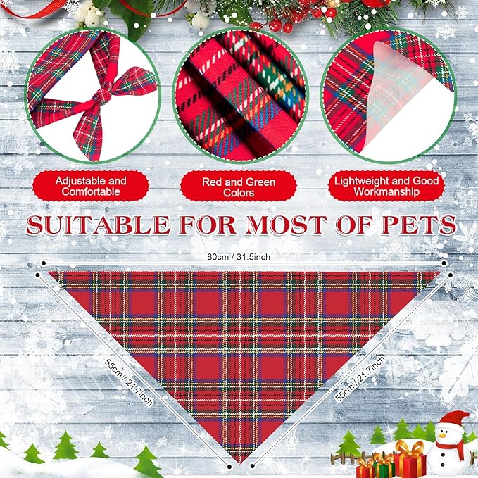Weewooday 50 Pcs Christmas Dog Bandanas Bulk Xmas Red Green Buffalo Plaid Bandanas for Dogs Soft Bibs Adjustable Triangle Scarf for Small Medium Large Pets Costume (31.5 x 21.7 x 21.7 Inch)