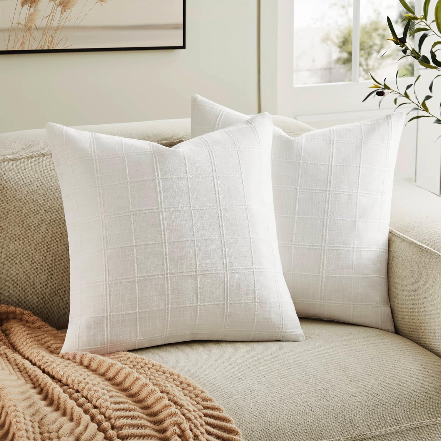 ZeeMart Linen Checked Throw Pillow Covers Set of 2, 18x18 Inch White/Natural White, Farmhouse Decorative Single Sided Grid Embroidered Couch Pillow Cases Cotton Linen Cushion Covers