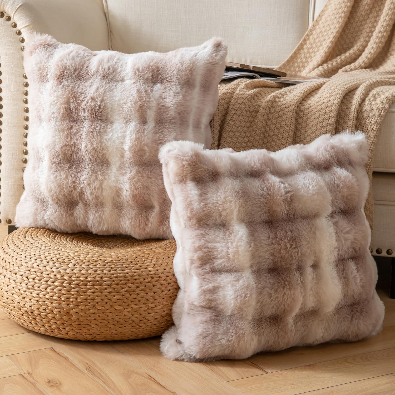 Pack of 2 Thick Plush Throw Pillow Covers Fluffy Wave Faux Fur Decorative Cushion Covers Soft Wool Pillowcase for Sofa Couch Livingroom 16x16 Inch White Taupe