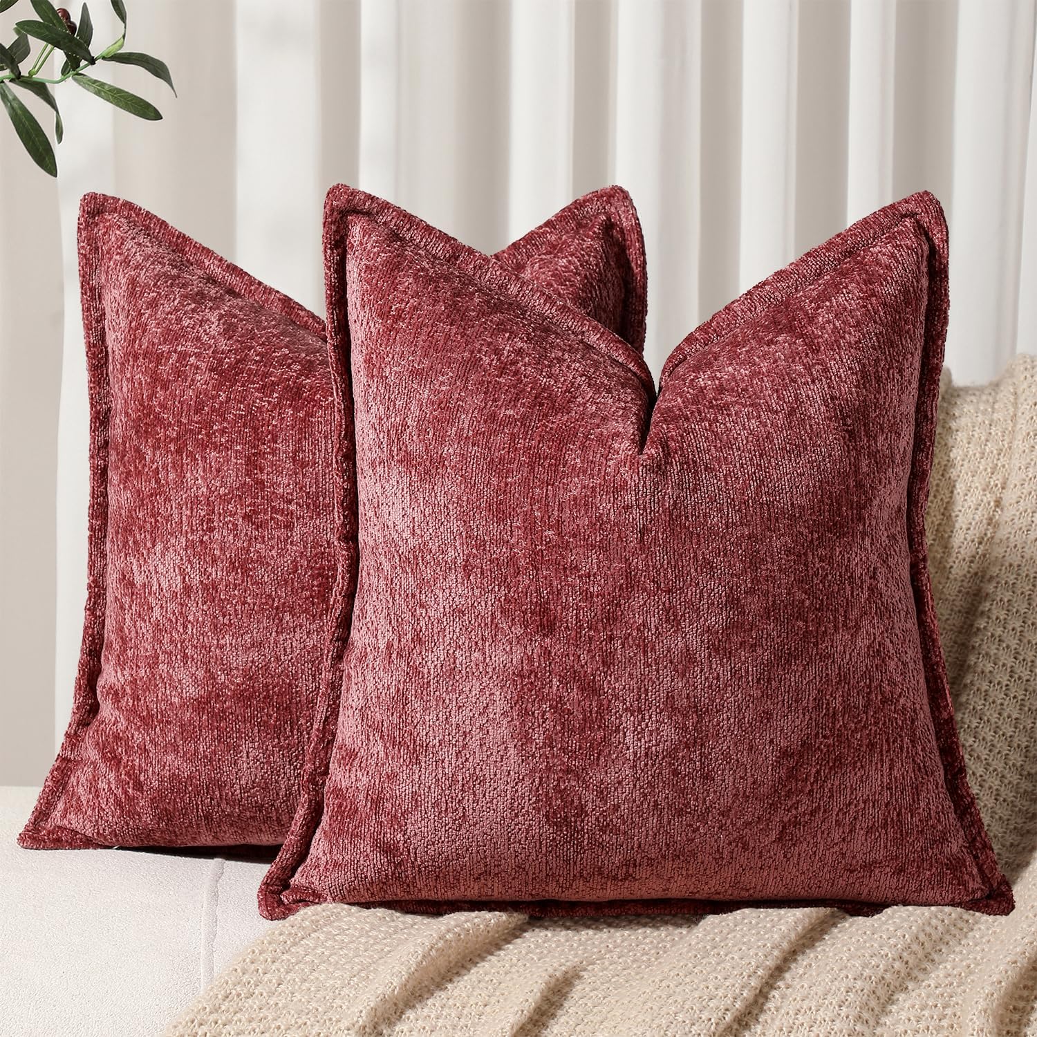 Pack of 2 Christmas Burgundy Fall Decorative Throw Pillow Covers 24x24 Cozy Soft Chenille Accent Vintage Square Couch Pillow Covers for Home Decor Bed Sofa Living Room