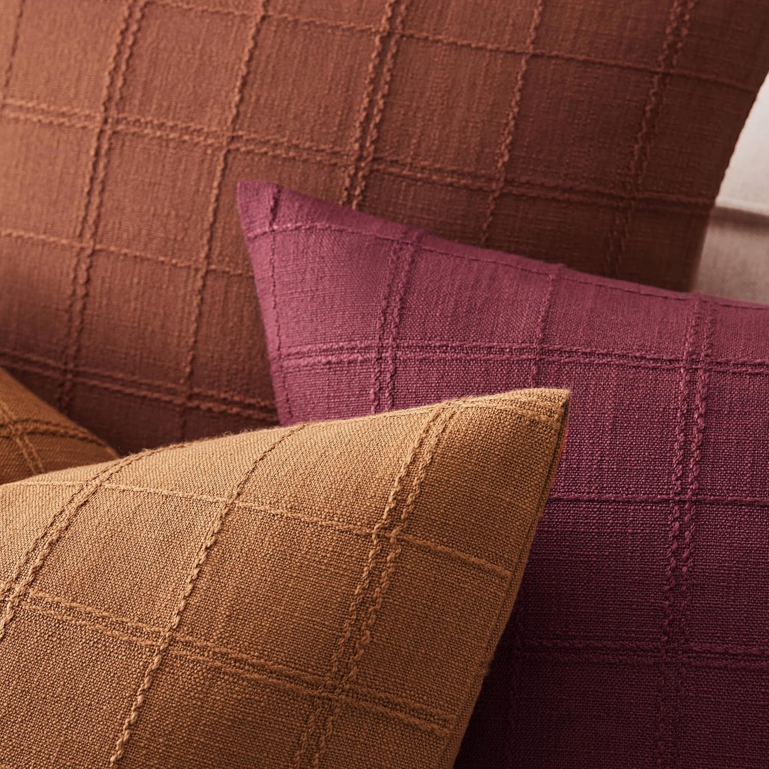 ZeeMart Linen Checked Lumbar Throw Pillow Covers Set of 2, 12x20 Inch Allover Grid Caramel, Farmhouse Decorative Double Sided Grid Embroidered Pillow Cases Burnt Orange Cotton Linen Cushion Covers