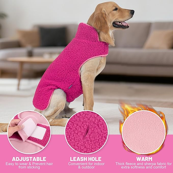 cyeollo 2XL Sherpa Dog Coat, Turtleneck Reversible Fleece Dog Vest Soft Doggy Sweater Thick Doggy Clothes for Cold Weather Winter Jacket Warm Dogs Coats for Medium Large Dogs, Fuchsia XXL