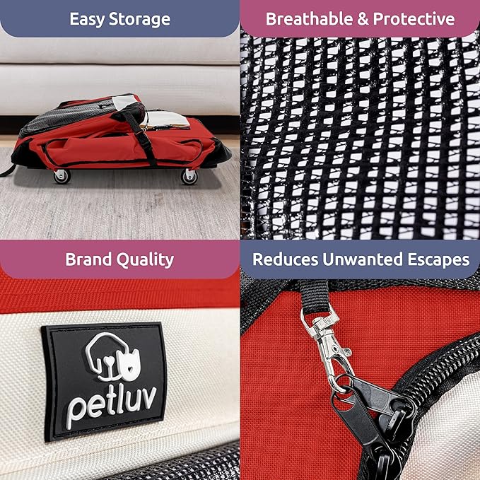 Large Cat Carrier on Wheels, Dog Carrier for 2 Cats or Medium Dog, Soft-Sided, Collapsible with Locking Zippers, Red