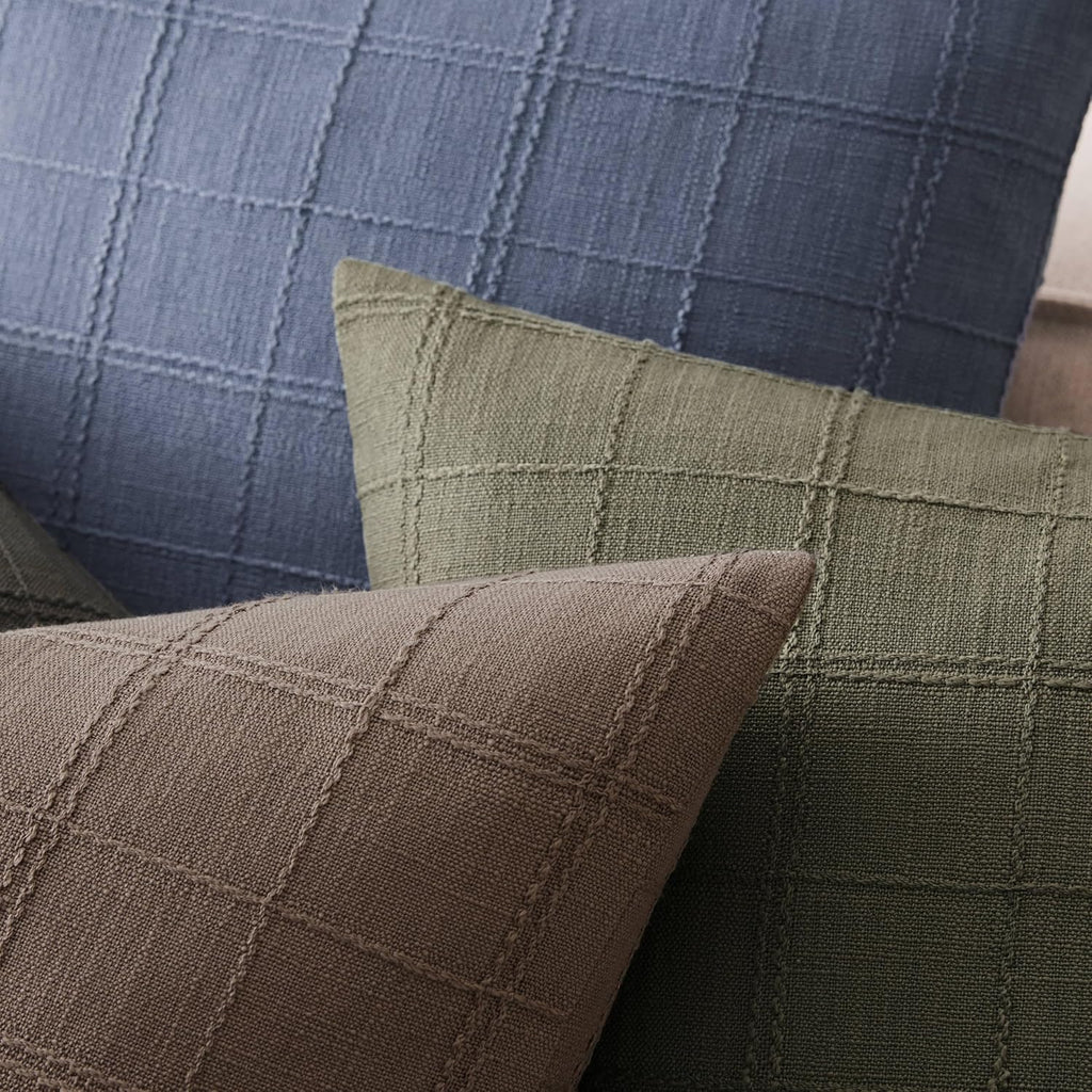 ZeeMart Linen Checked Lumbar Throw Pillow Covers Set of 2, 12x20 Inch Allover Grid Blue, Farmhouse Decorative Double Sided Grid Embroidered Couch Pillow Cases Blue Cotton Linen Cushion Covers