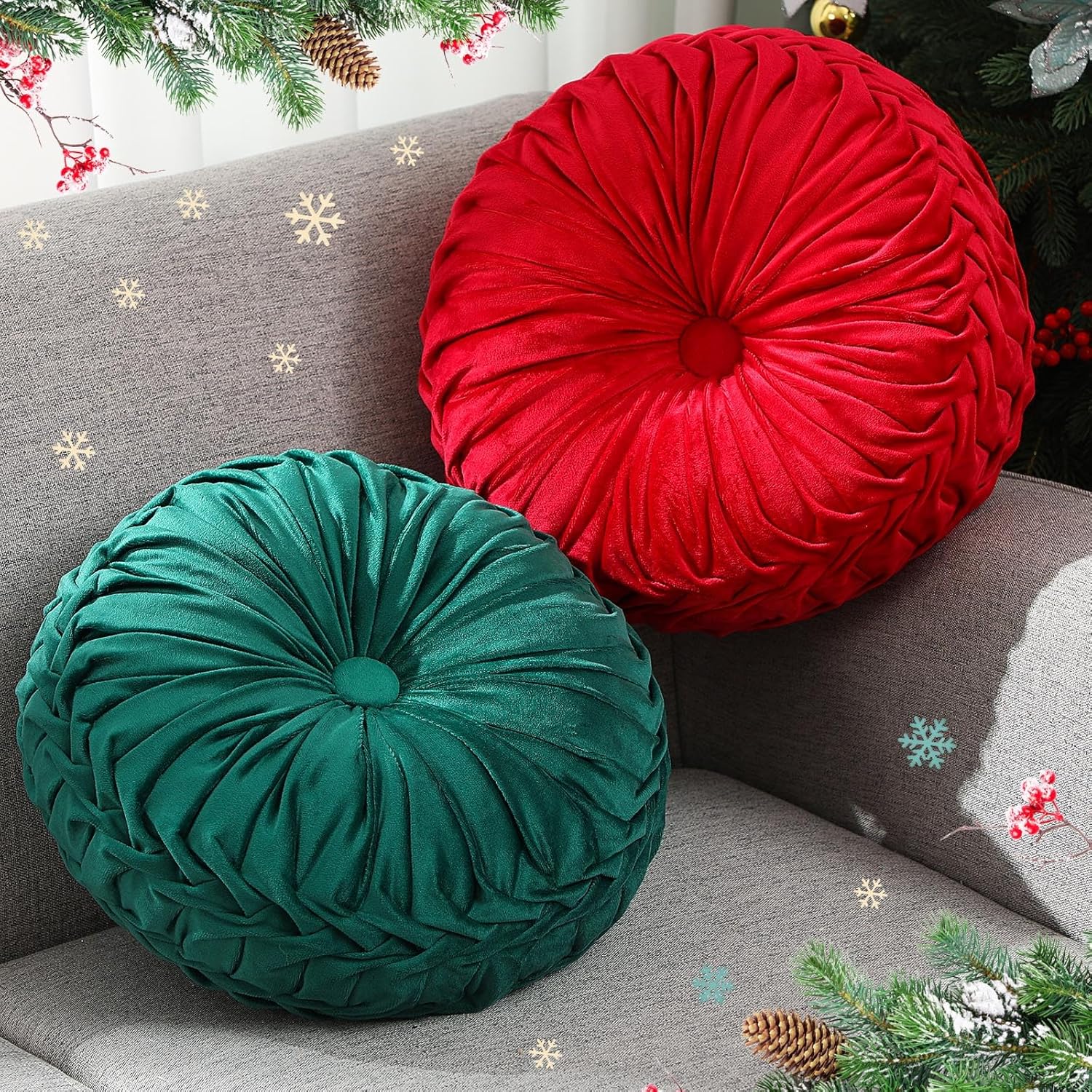 2 Pcs Round Throw Pillows 15 Inch Decorative Velvet Pleated Pumpkin Floor Boho Pillows for Living Room Couch Chair Bed Sofa (Red and Green)