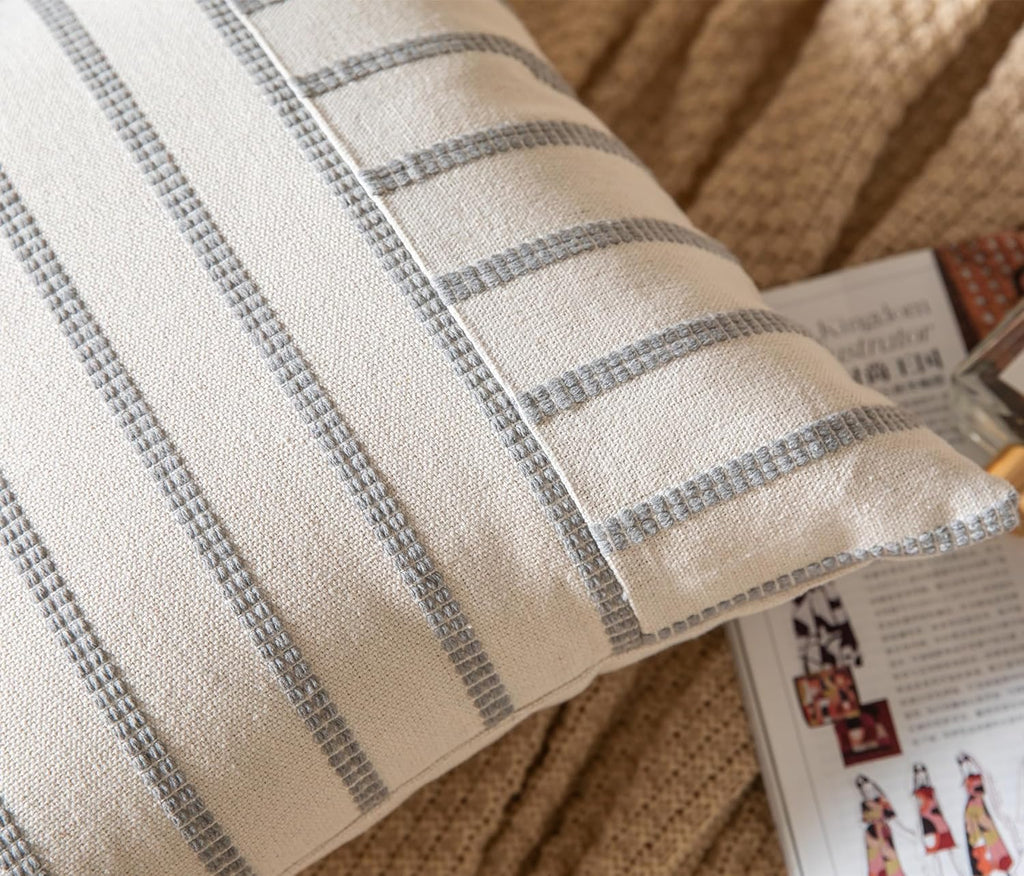 Caflife Boho Throw Pillow Covers 12x20 Set of 2 Soft Farmhouse Decorative Couch Pillow Cases Grey Striped Pillow Covers Neutral Cushion Covers for Sofa Bed Living Room Home Decor