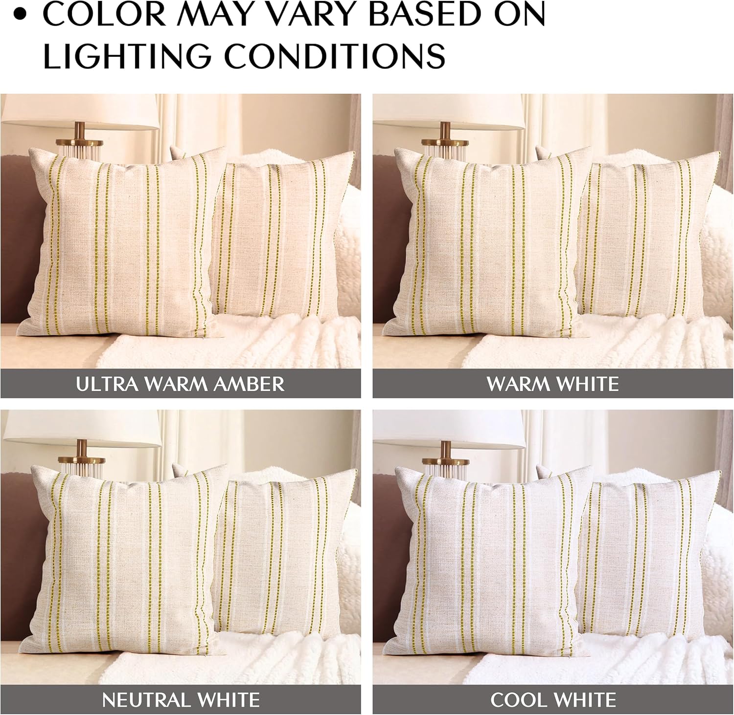 AELS 20x20 Decorative Farmhouse Linen Throw Pillow Covers, Boho Textured Pillow Case, Set of 2, Beige with White & Green Stitch Yarn Dyed Stripe Cushion Cover for Sofa Couch Living Room (Cover ONLY)