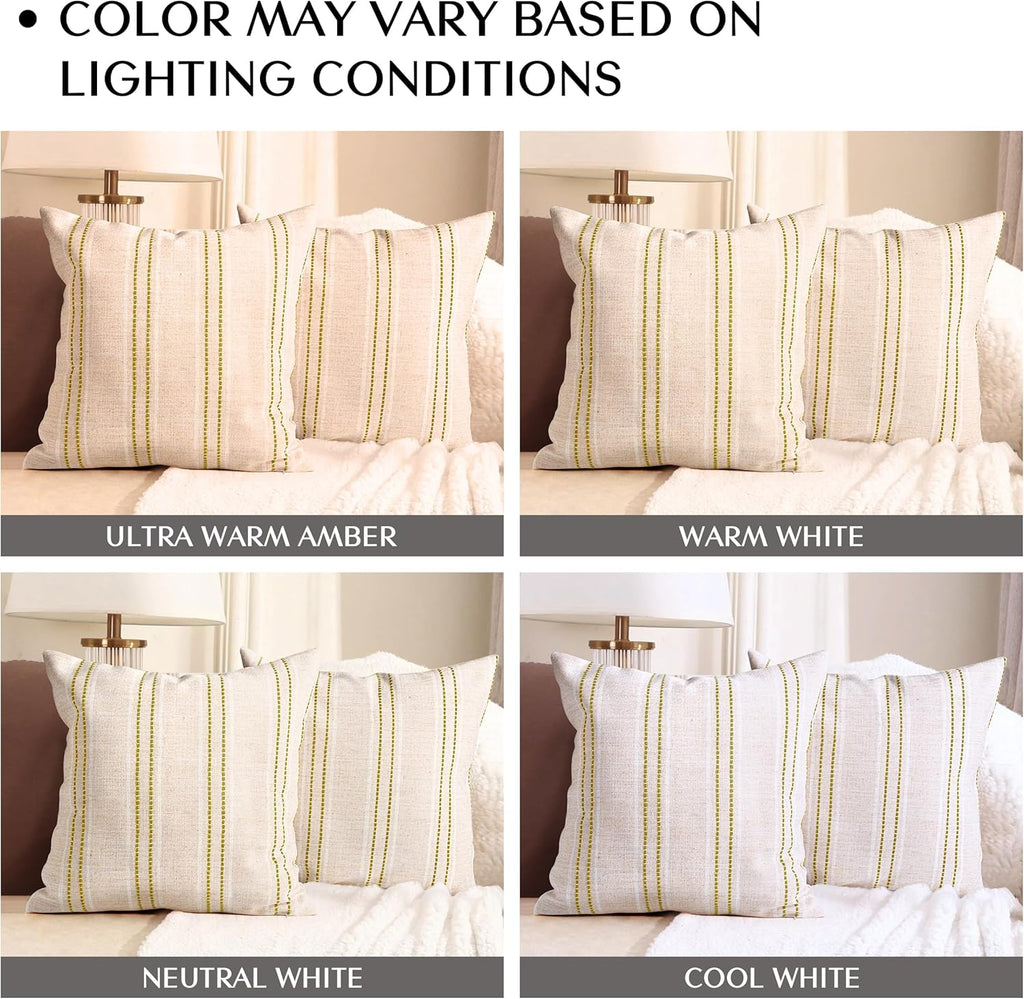 AELS 18x18 Decorative Farmhouse Linen Throw Pillow Covers, Boho Textured Pillow Case, Set of 2, Beige with White & Green Stitch Yarn Dyed Stripe Cushion Cover for Sofa Couch Living Room (Cover ONLY)