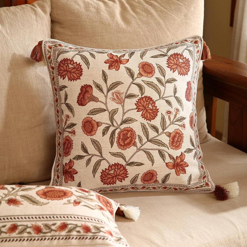 ISAENNE Design Linen Square Vintage Throw Pillow Covers 18"x18", Brick Red Cushion Covers with Orange Floral Green Leaves Pattern Decoration Pillowcases for Bed,Living Room,Outdoor,Car