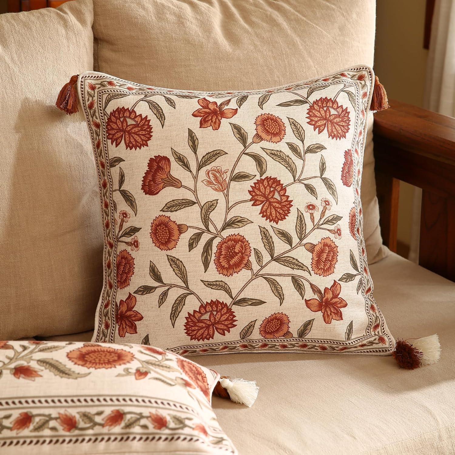 ISAENNE Design Linen Square Vintage Throw Pillow Covers 18"x18", Brick Red Cushion Covers with Orange Floral Green Leaves Pattern Decoration Pillowcases for Bed,Living Room,Outdoor,Car