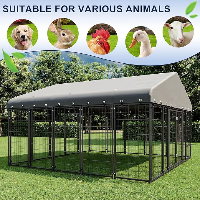 10X10FT Dog Kennel Outside Double Door Dog Kennel Outdoor with Feeding, Heavy Duty Outdoor Dog Crate Durable Dog Cage with Roof & Double Lock