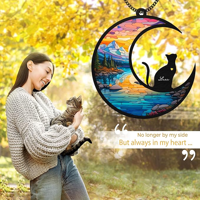 6'' DIY Cat on Moon Memorial Suncatcher, Personalized Name Cat Sympathy Ornament Window Hanging, Ideas Gift for Loss of Pet Passing Away, Remembrance Keepsake for Pet Lovers SCC-B2-6-03