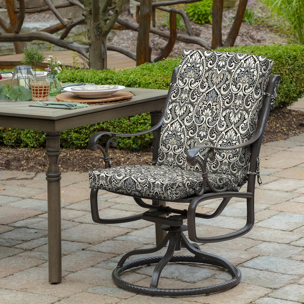 Arden Outdoor Midback Chair Cushion, 18 x 16.5, Rain-Proof, Fade Resistant Black Aurora Damask