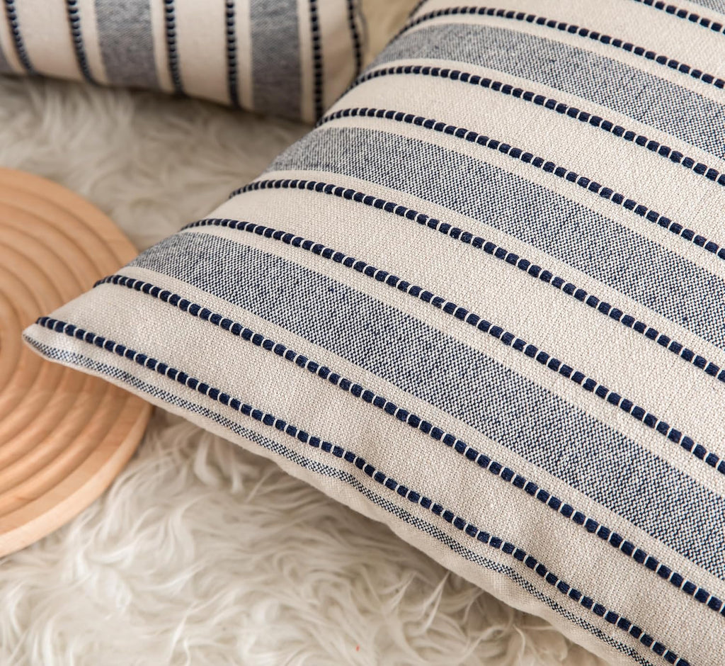 Decorative Boho Throw Pillow Covers, Farmhouse Textured Pillow Case, 20 x 20 Inch Set of 2, Chair Sofa Bedroom Living Room Decor Couch Cushion Case, Navy Blue and Beige Striped