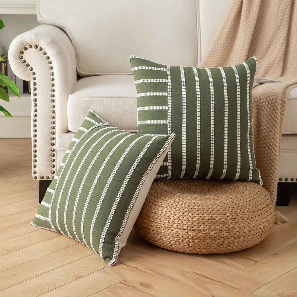 Caflife Boho Throw Pillow Covers 20x20 Set of 2 Soft Farmhouse Decorative Couch Pillow Cases Green Striped Pillow Covers Neutral Cushion Covers for Sofa Bed Living Room Home Decor