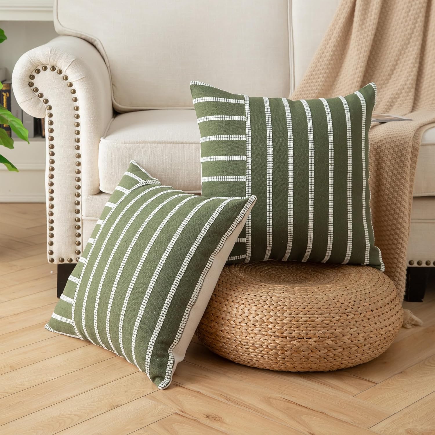 Caflife Boho Throw Pillow Covers 20x20 Set of 2 Soft Farmhouse Decorative Couch Pillow Cases Green Striped Pillow Covers Neutral Cushion Covers for Sofa Bed Living Room Home Decor