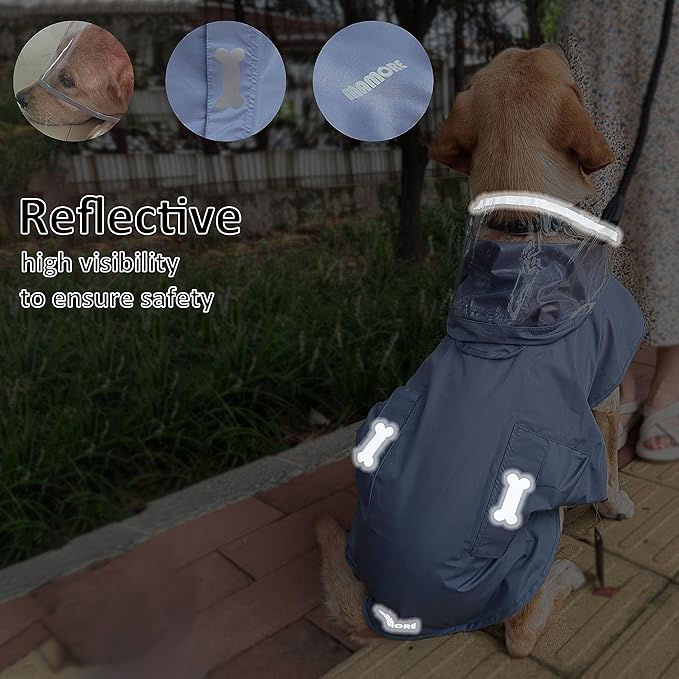 Waterproof Dog Raincoat, Adjustable Reflective Lightweight Pet Rain Clothes with Poncho Hood(Large, Blue&Grey)