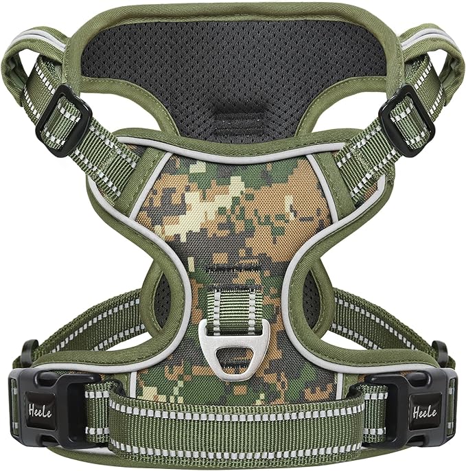 HEELE Dog Harness, No Pull Adjustable Padded Reflective Harness for Small Medium Large Dogs with Handle for Walking Training, Camo Green, S