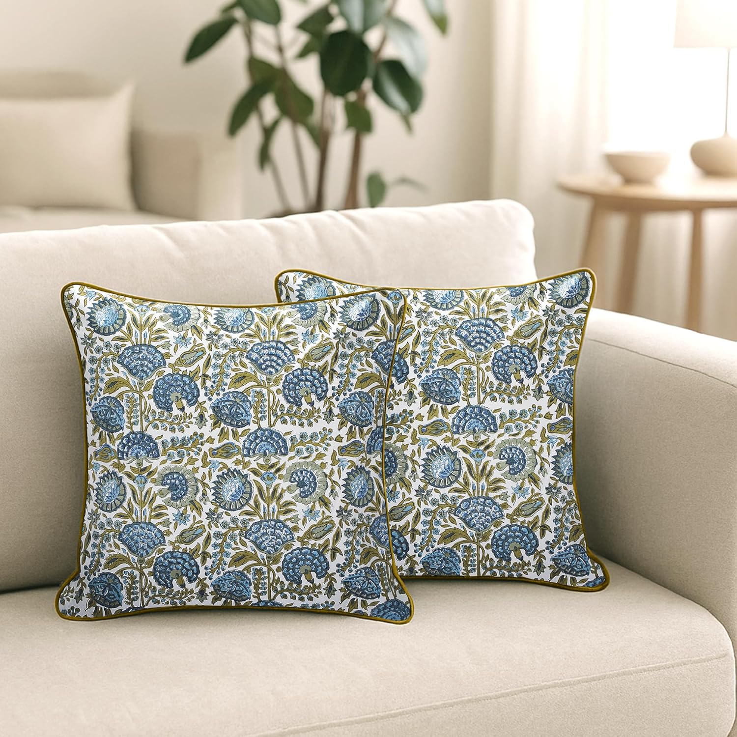 SheetKart Pure Cotton Throw Pillow Covers - Set of 2 - Hand Block Pure Cotton Printed Boho Decorative Pillow Covers - Cushion Covers for Living Room, Bohemian Theme, 20 x 20 Inches, Midnight Olive