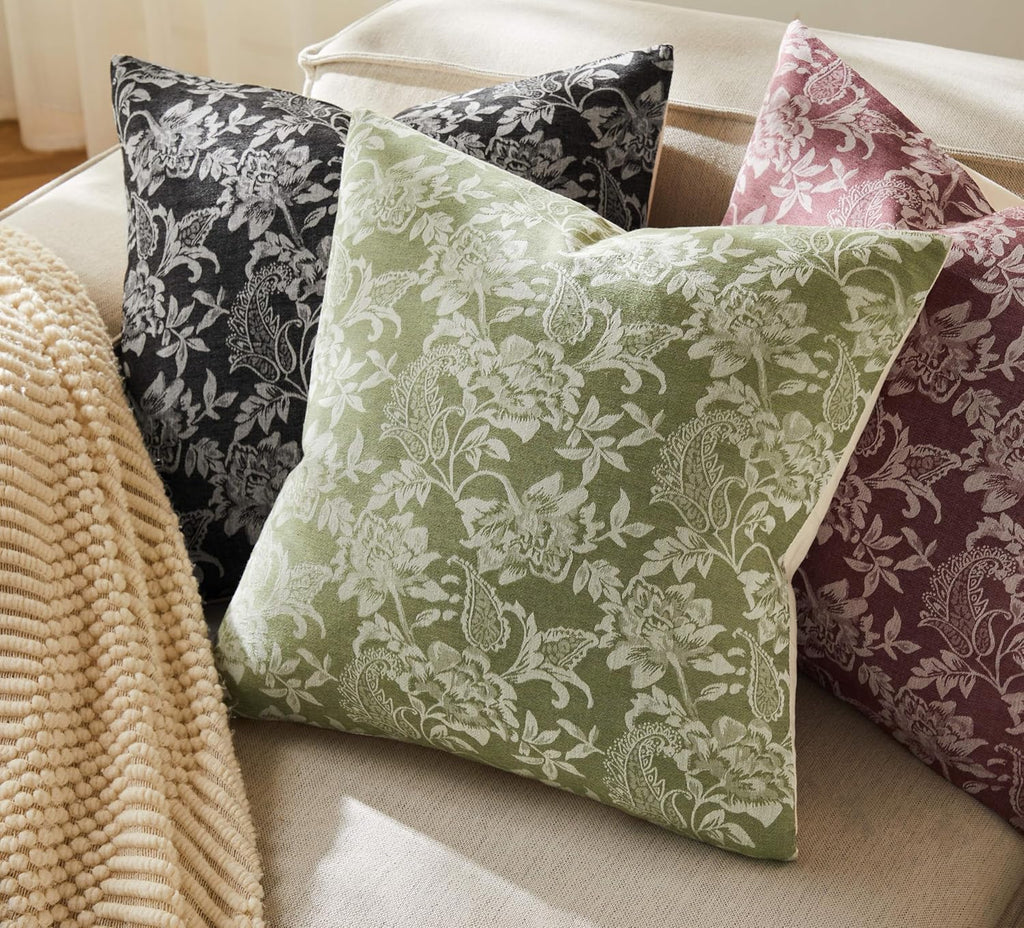 Floral Jacquard Throw Pillow Covers Set of 2, Background/Green 18x18 Inch, Farmhouse Decorative Cotton Sage Green Cushion Covers for Sofa Bed Living Room Home Decor