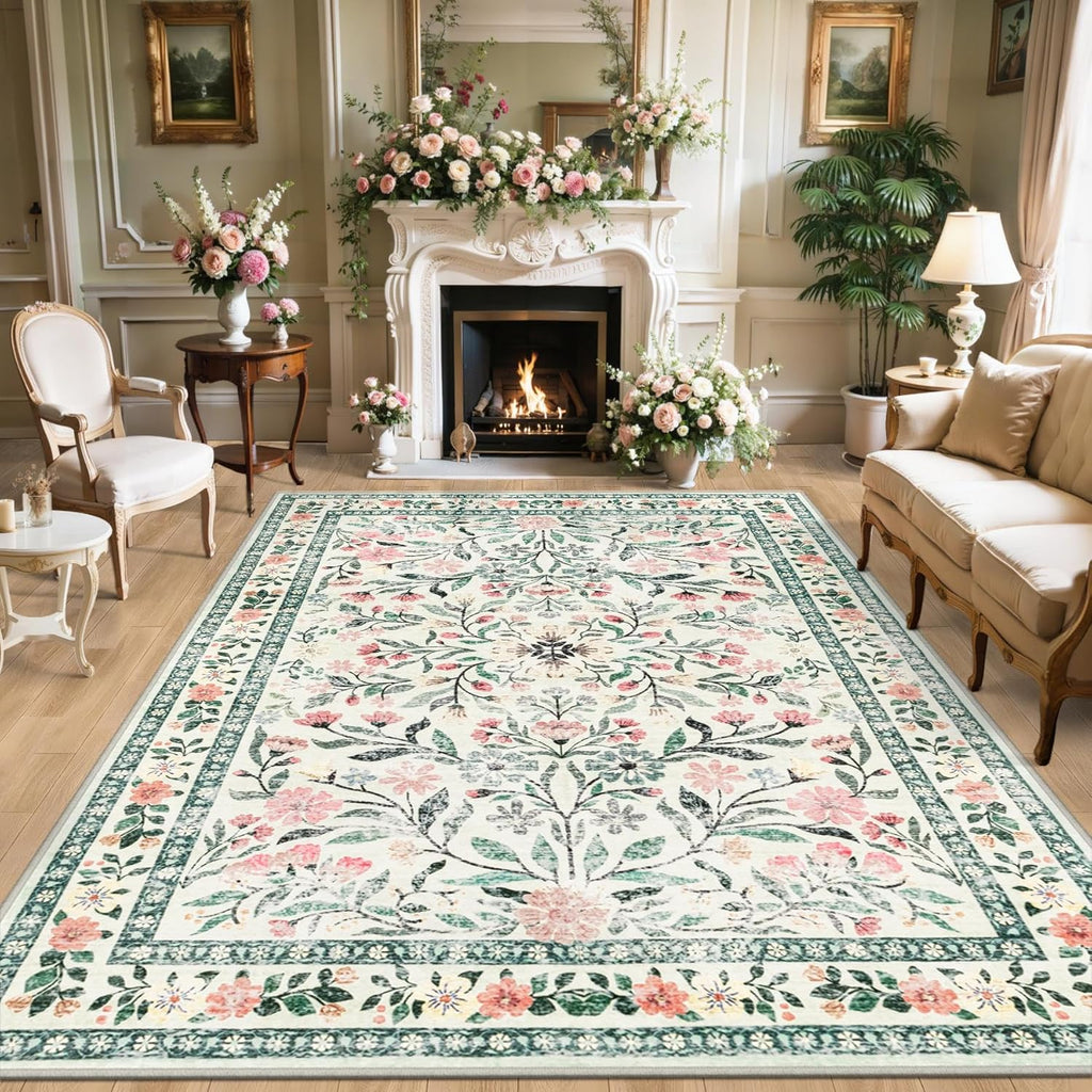 8x10 Area Rugs for Living Room: Floral Washable Rug Vintage Large Soft Boho Non-Slip Carpet Indoor Stain Resistant Low Pile Carpets for Bedroom Dining Room Farmhouse Nursery Home Office Green Beige
