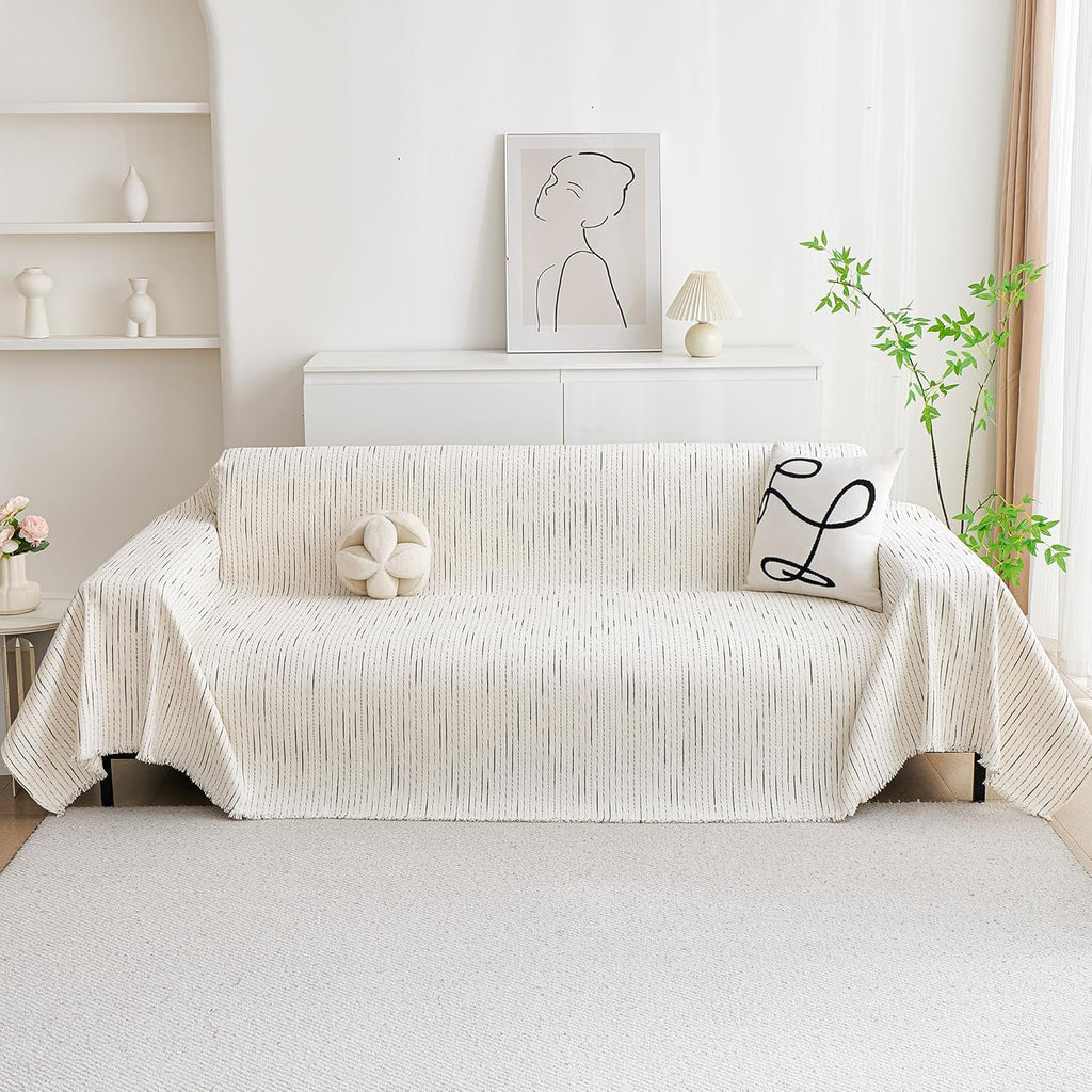 MYSKY HOME Couch Cover for Dogs, Sectional Couch Cover, Beige Lines Sofa Covers for Sectional Sofa L Shape Chenille Couch Protector for Dogs Pets Couch Covers Washable Soft Throw, 71" X118"