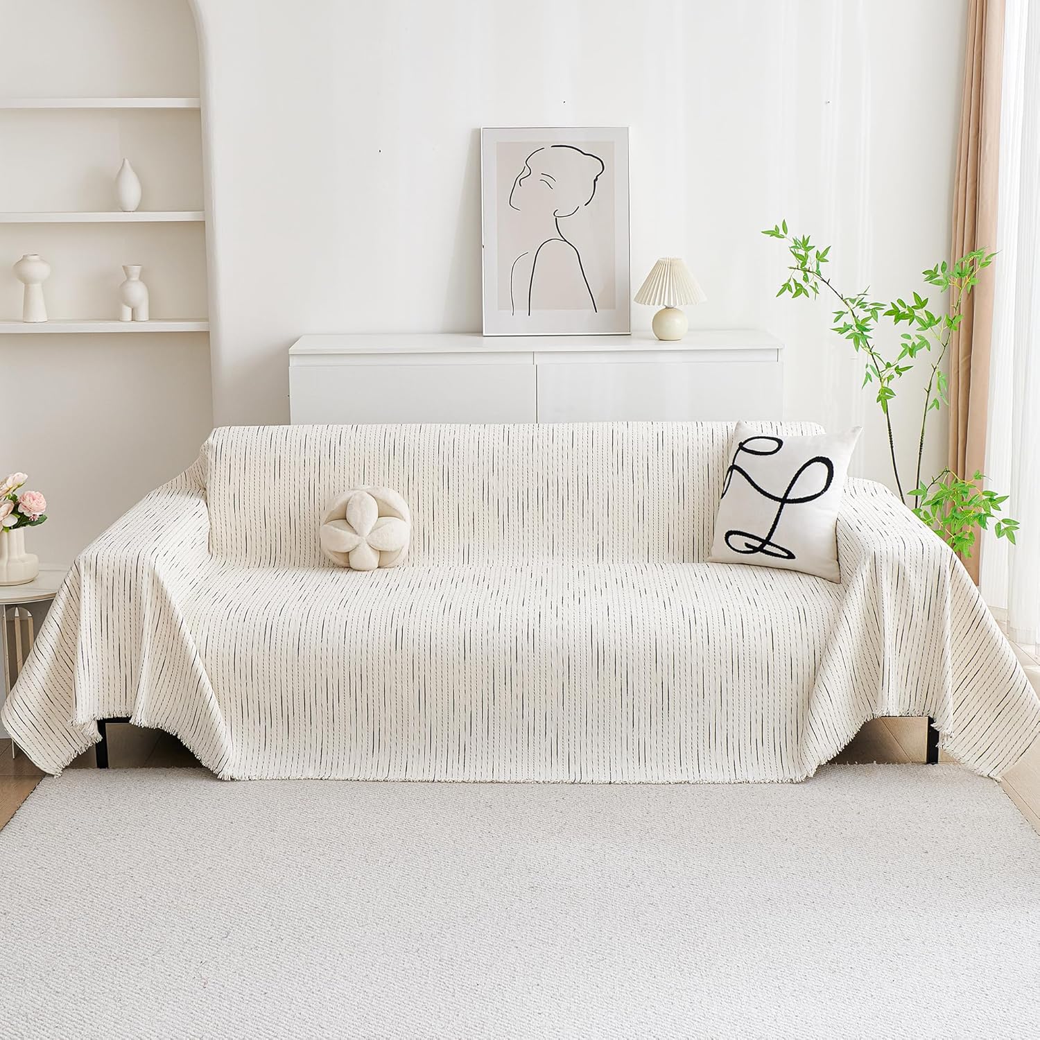 MYSKY HOME Couch Cover for Dogs, Sectional Couch Cover, Beige Lines Sofa Covers for Sectional Sofa L Shape Chenille Couch Protector for Dogs Pets Couch Covers Washable Soft Throw, 71" X118"