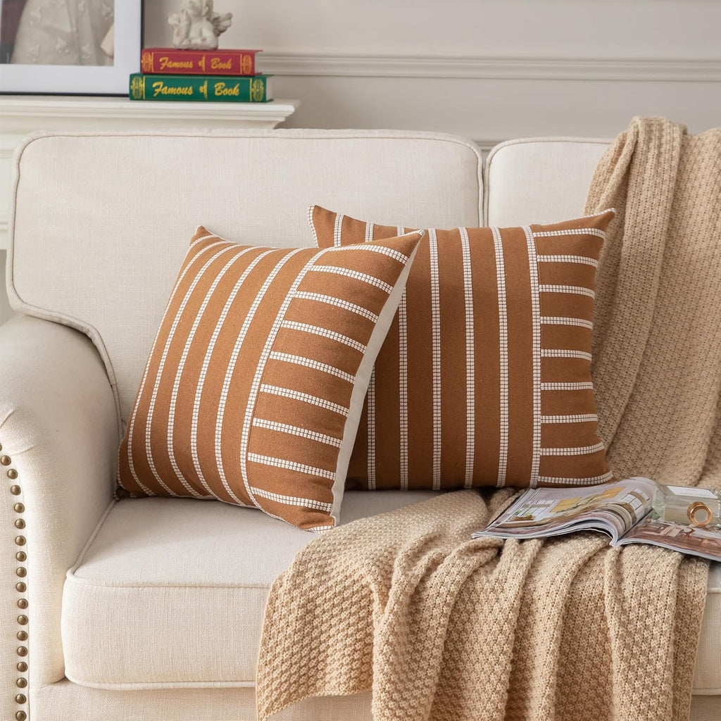 Caflife Boho Throw Pillow Covers 18x18 Set of 2 Soft Farmhouse Decorative Couch Pillow Cases Brown Striped Pillow Covers Neutral Cushion Covers for Sofa Bed Living Room Home Decor