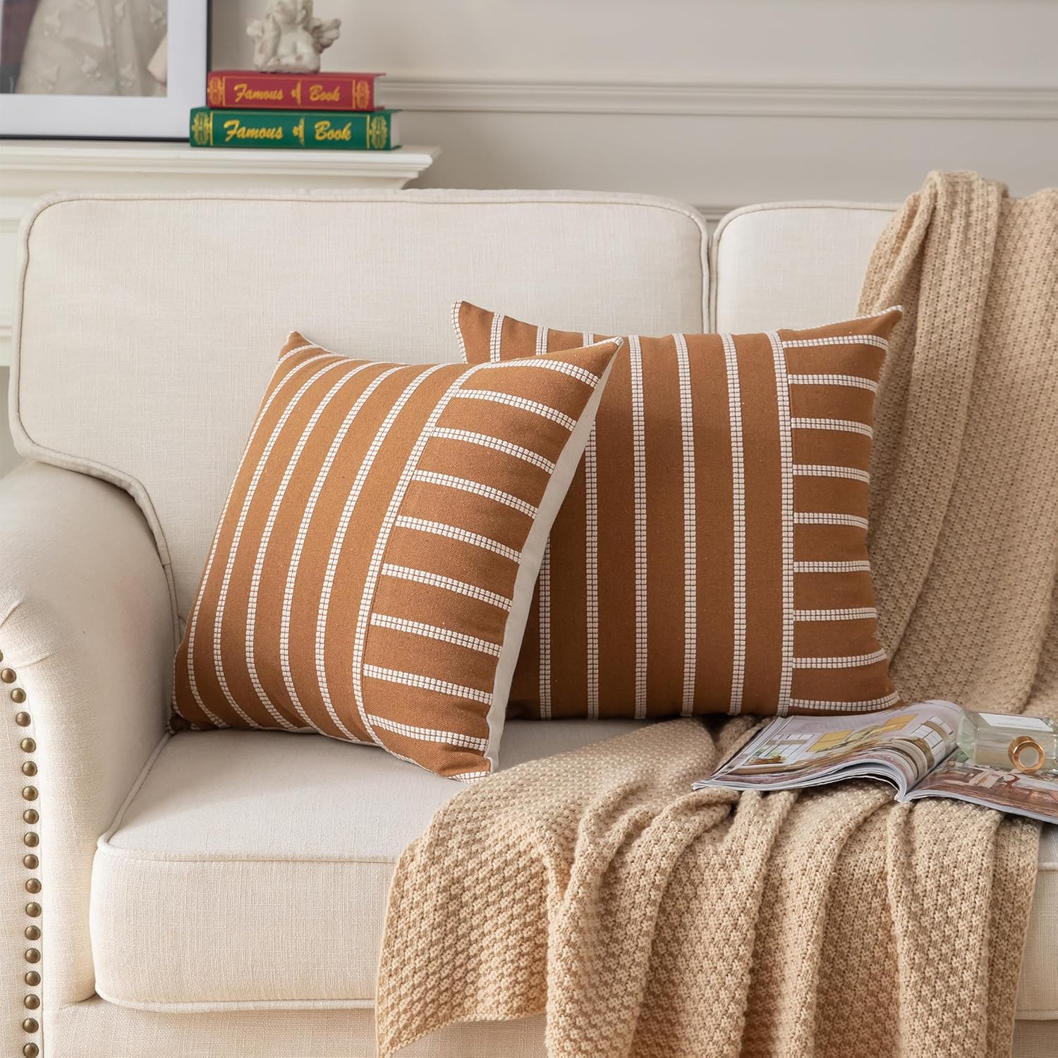 Caflife Boho Throw Pillow Covers 18x18 Set of 2 Soft Farmhouse Decorative Couch Pillow Cases Brown Striped Pillow Covers Neutral Cushion Covers for Sofa Bed Living Room Home Decor