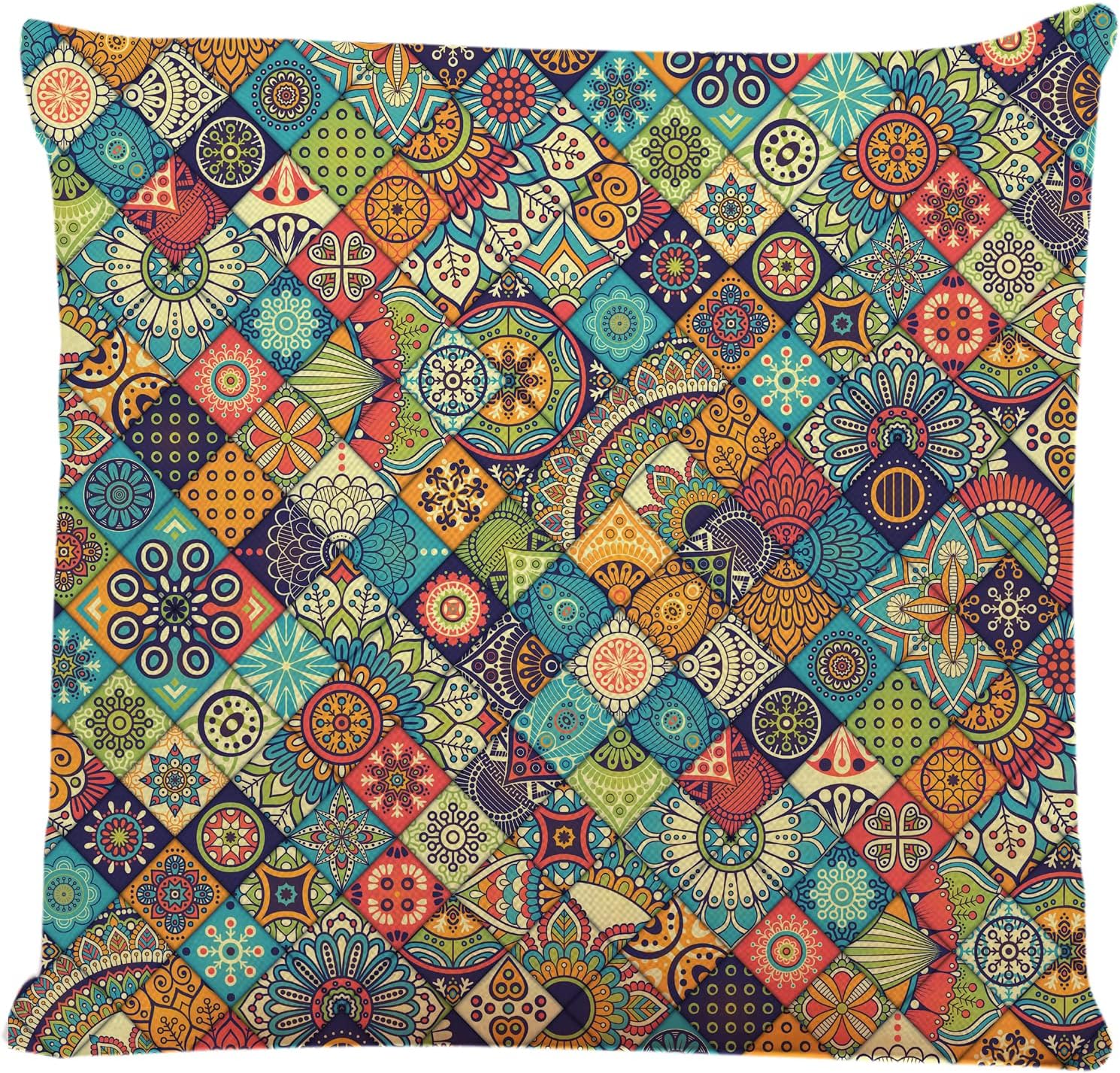 Decorative Square Throw Pillow Covers Geometric Pattern with Ornamental Floral Folk Art Abstract Couch Sofa Bed Pillow Covers Cushion Cases 18x18 inch