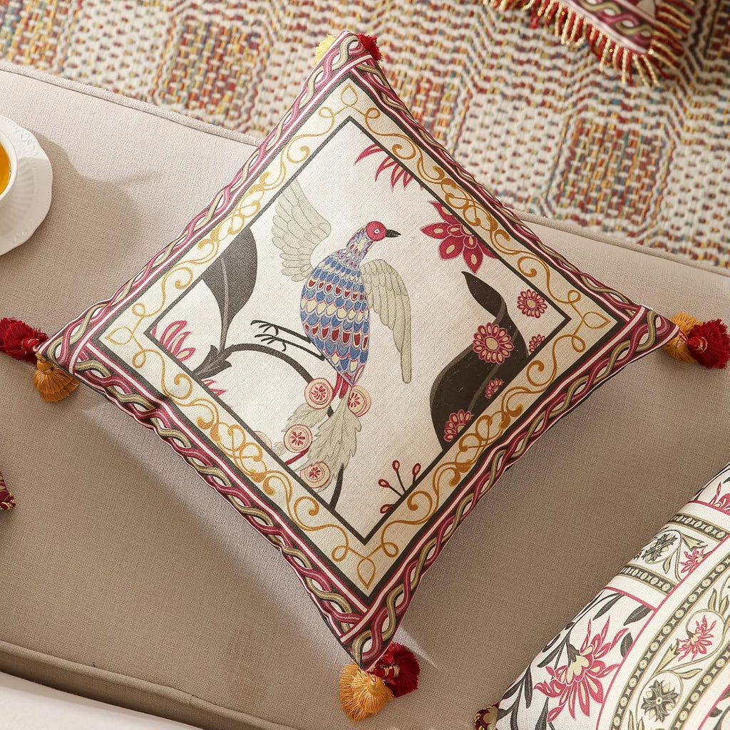 patdrea Designer Throw Pillow Cover 18"x18",Vintage Bird and Floral Pattern Linen Pillows Cover with Red and Yellow Pendant Charms,Square Decorative Pillowcases for Couch Bed Living Room Outdoor