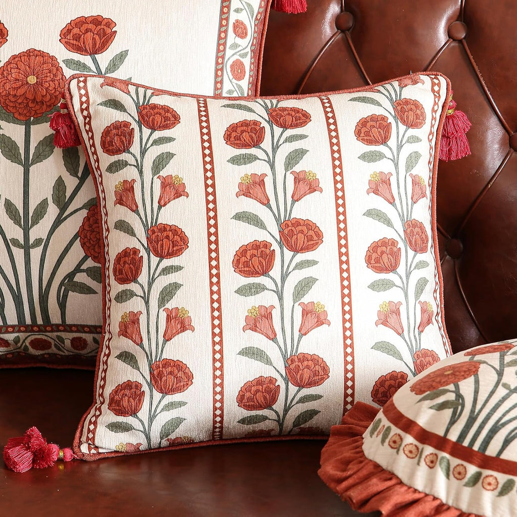 Vintage Square Throw Pillow Covers,Red Cozy Velvet with Leaves and Floral Pattern Pillowcases,Decoration Pillows Cushion Covers for Living Room Couch Sofa Bed Car Chair,18"x18"