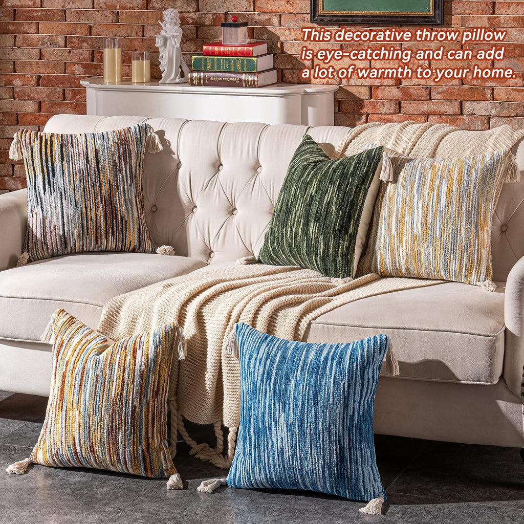 AmHoo Boho Throw Pillow Covers Set of 2 Decorative Bohemian Woven Tufted Striped Farmhouse with Tassels Textured Cushion Case Pillowcase Neutral for Sofa Couch Bed 18 x 18-Inch Sky Blue