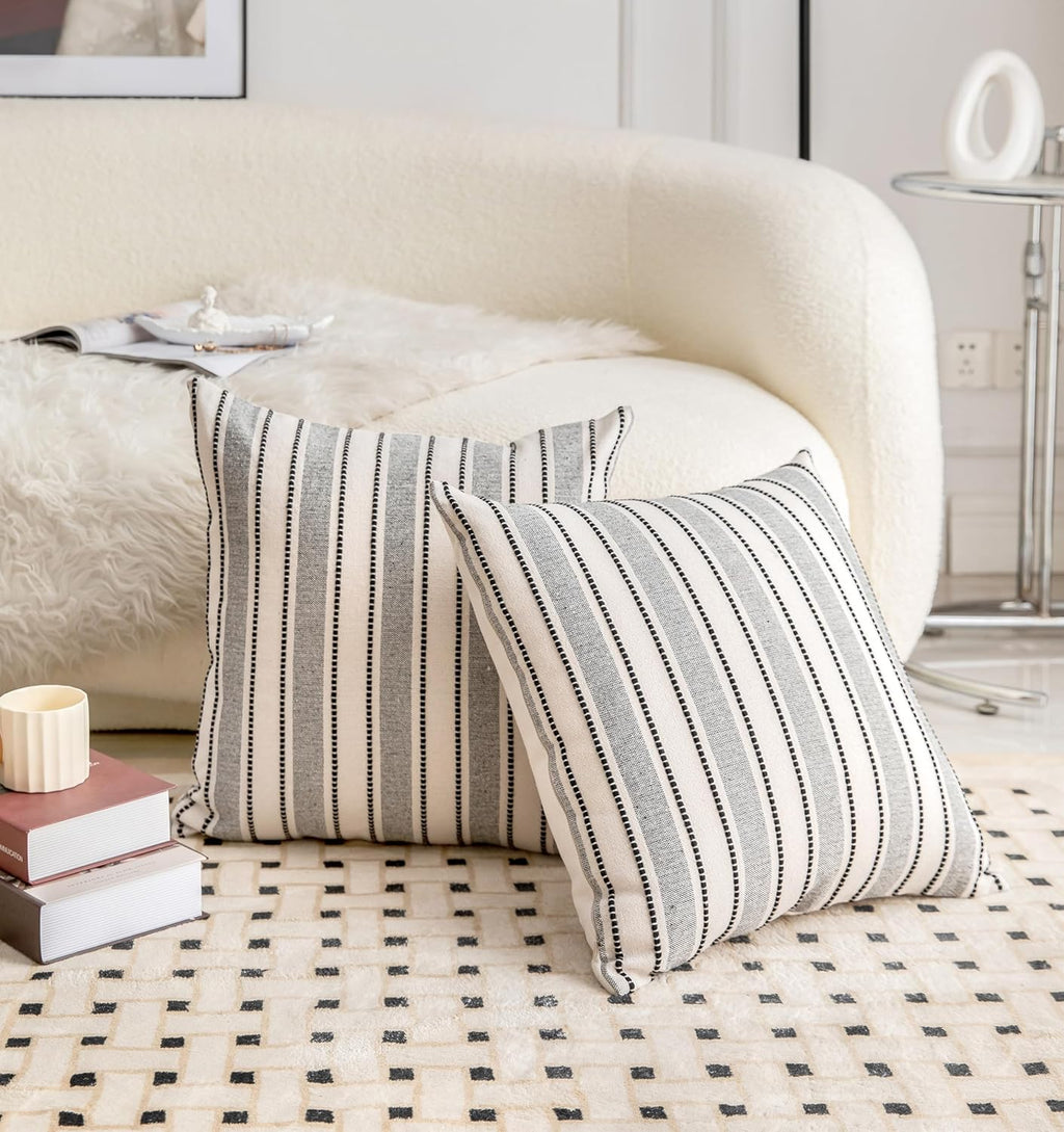 Decorative Boho Throw Pillow Covers, Farmhouse Textured Pillow Case, 20 x 20 Inch Set of 2, Chair Sofa Bedroom Living Room Home Decor Couch Cushion Case, Black and Beige Striped