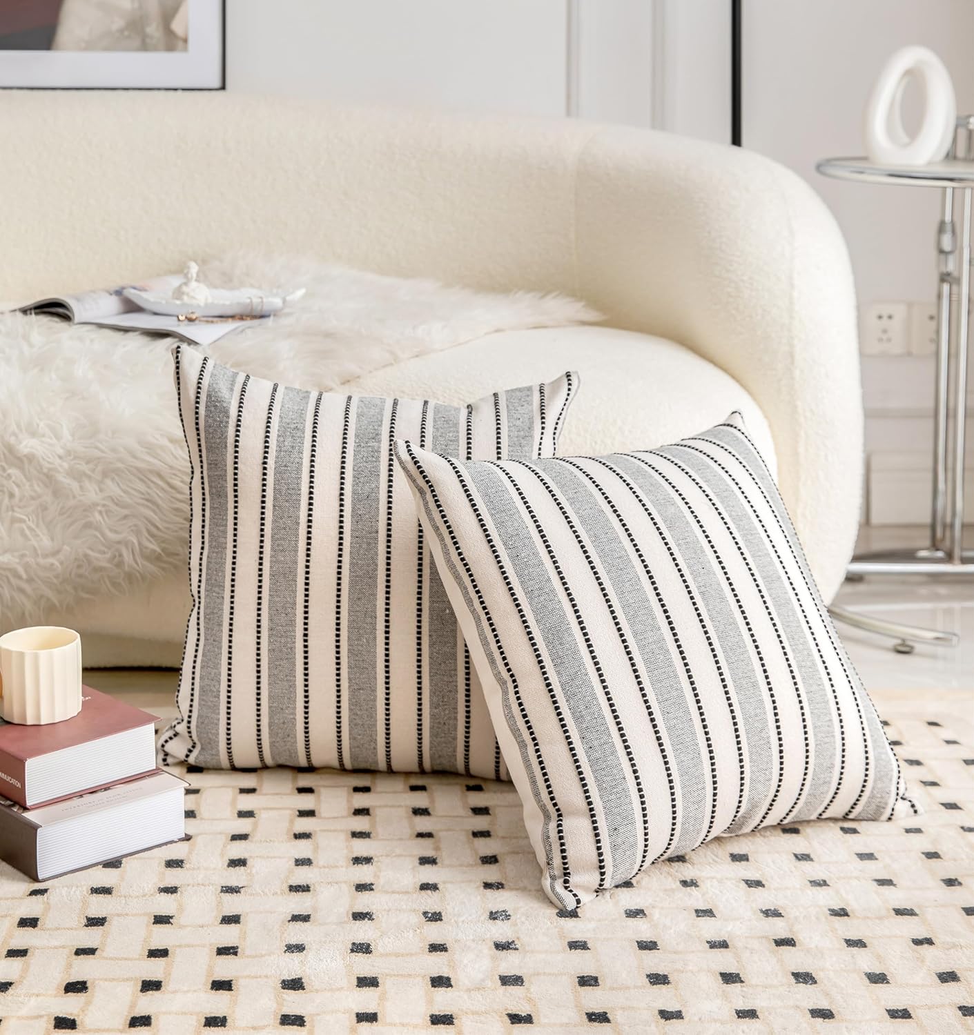 Decorative Boho Throw Pillow Covers, Farmhouse Textured Pillow Case, 20 x 20 Inch Set of 2, Chair Sofa Bedroom Living Room Home Decor Couch Cushion Case, Black and Beige Striped