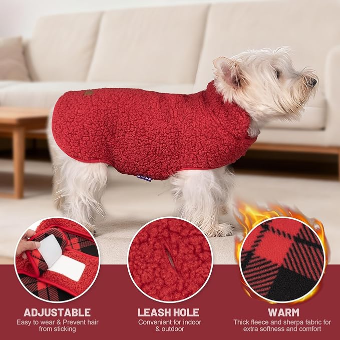 cyeollo Small Dog Coat, Sherpa Dog Winter Coat Reversible Fleece Doggie Jackets Doggy Sweater for Small Dogs Male with Leash Hole, Soft Cold Weather Pet Clothes, Buffalo Plaid M