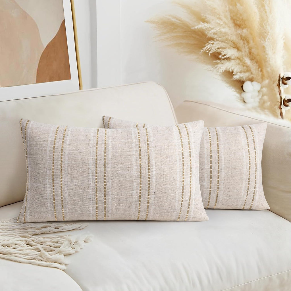 AELS 12x20 Decorative Farmhouse Linen Throw Pillow Covers, Boho Textured Pillow Case, Set of 2, Beige with White & Brown Stitch Yarn Dyed Stripe Cushion Cover for Sofa Couch Living Room (Cover ONLY)