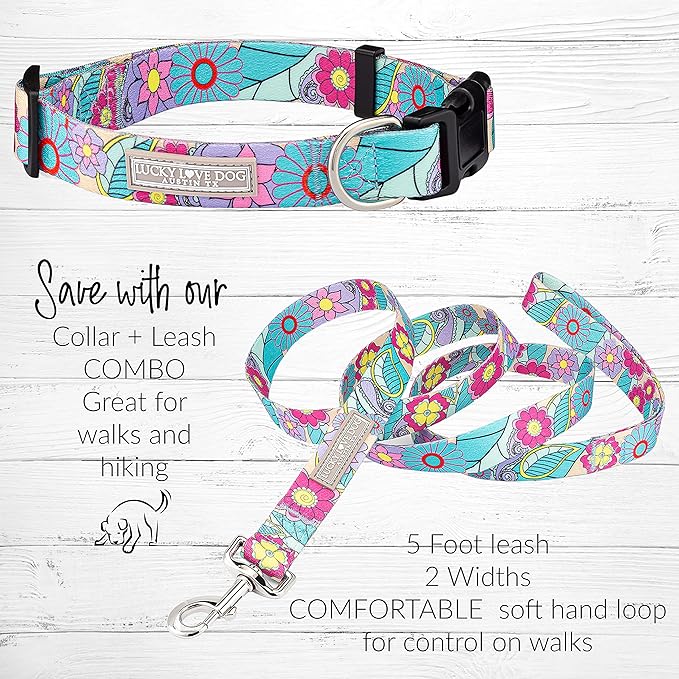Lucky Love Dog - Adjustable Dog Collar and Leash Set with Easy Click Buckle for Small to Large Ones, Durable, & Comfortable Collar for Male & Female Dogs, Puppies & Adult Dogs - Caroline, XL