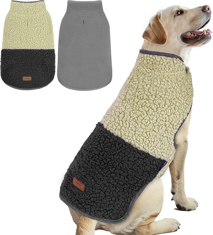 cyeollo Warm Dog Coat Sherpa Dog Winter Coat, Reversible Fleece Dogs Jackets Sweater Vest for Medium Large Dogs Male with Leash Hole, Soft Cold Weather Pet Clothes, Khaki XXL