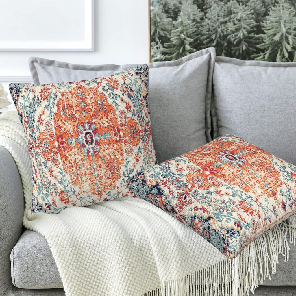 Throw Pillow Covers Boho Orange Pillow Covers 16x16 Inch Set of 2 Rug Boho Style Ethnic Floral Throw Pillows Decorative Pillow Cases Cushion Covers for Bedroom Livingroom Sofa Farm House